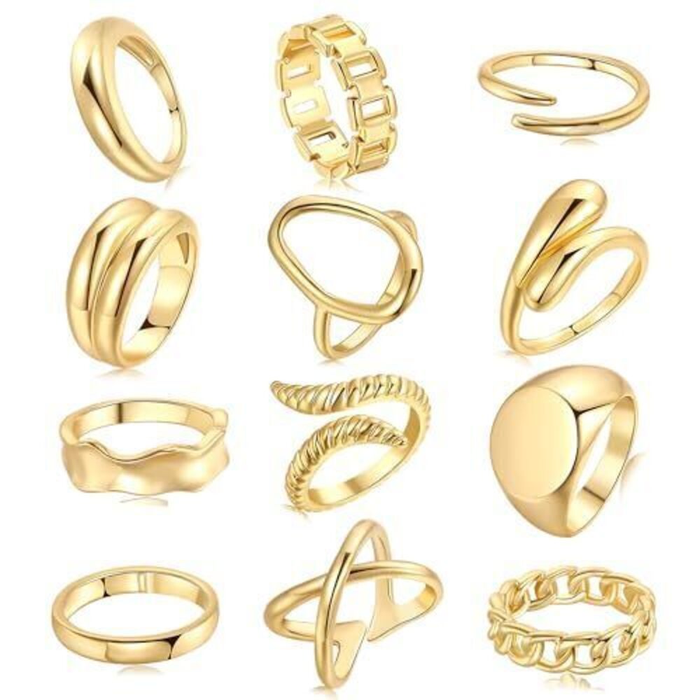 1986 12PCS Gold Stackable Rings Set , 18K Gold Plated Open Stacking Knuckle